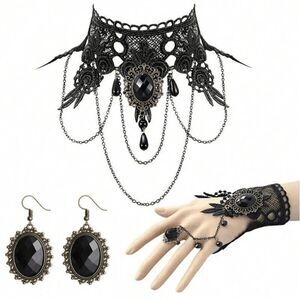3PCS Gothic Victorian Vintage Retro Halloween Costume Black Accessories Set NEW